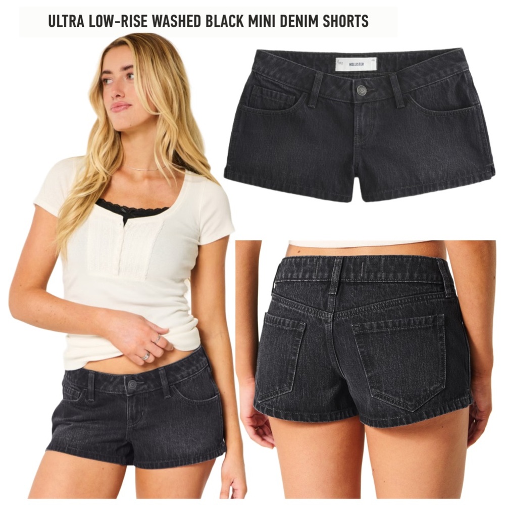 HOLLISTER Ultra Low-Rise Denim Washed Black Shorts NEW WITH TAGS